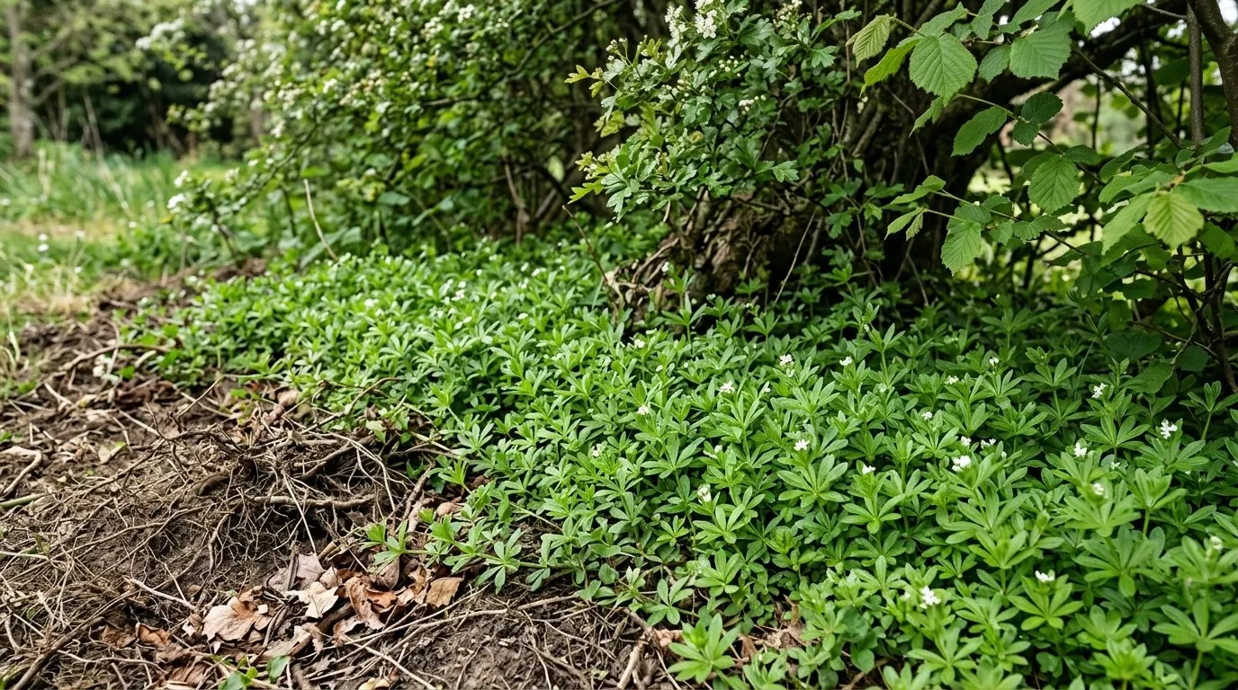 Sweet woodruff growing as a green carpet in the dry shade at the base of a mixed native hedge in a Suffolk garden