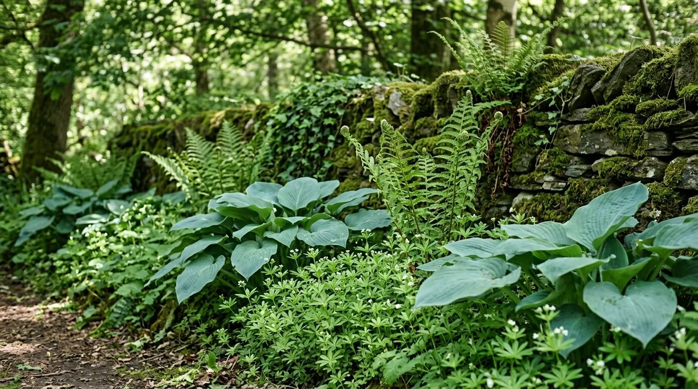 Sweet woodruff threading between unfurling hostas and fern fronds in a shady Lake District garden border