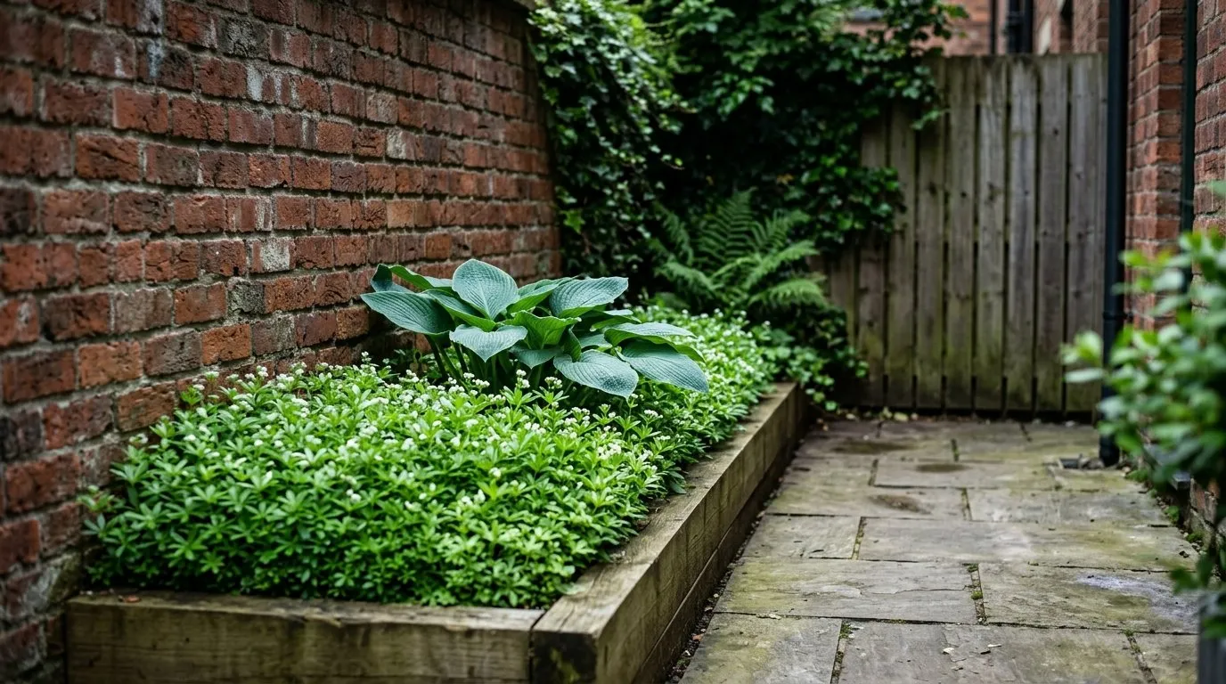 Sweet woodruff carpeting a shady north-facing raised bed against a brick wall in a Manchester city garden