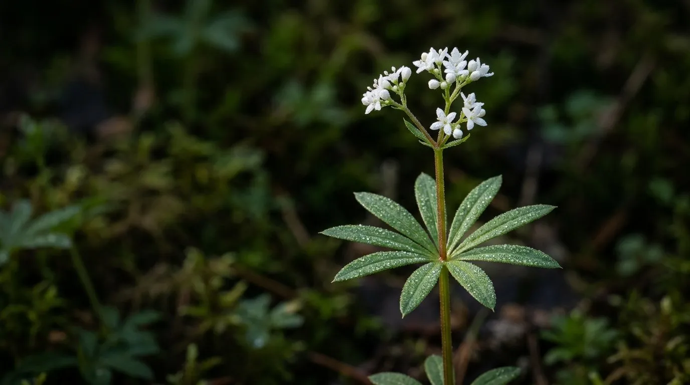 Whorled leaves and white four-petalled star flowers of sweet woodruff shown in close macro detail in a UK woodland garden