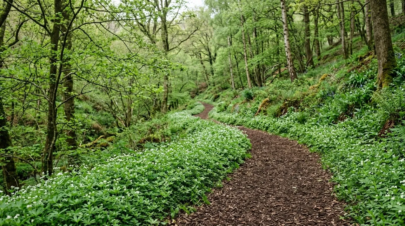 Sweet woodruff spreading as a low green carpet along the edge of a woodland path in a Welsh valley garden