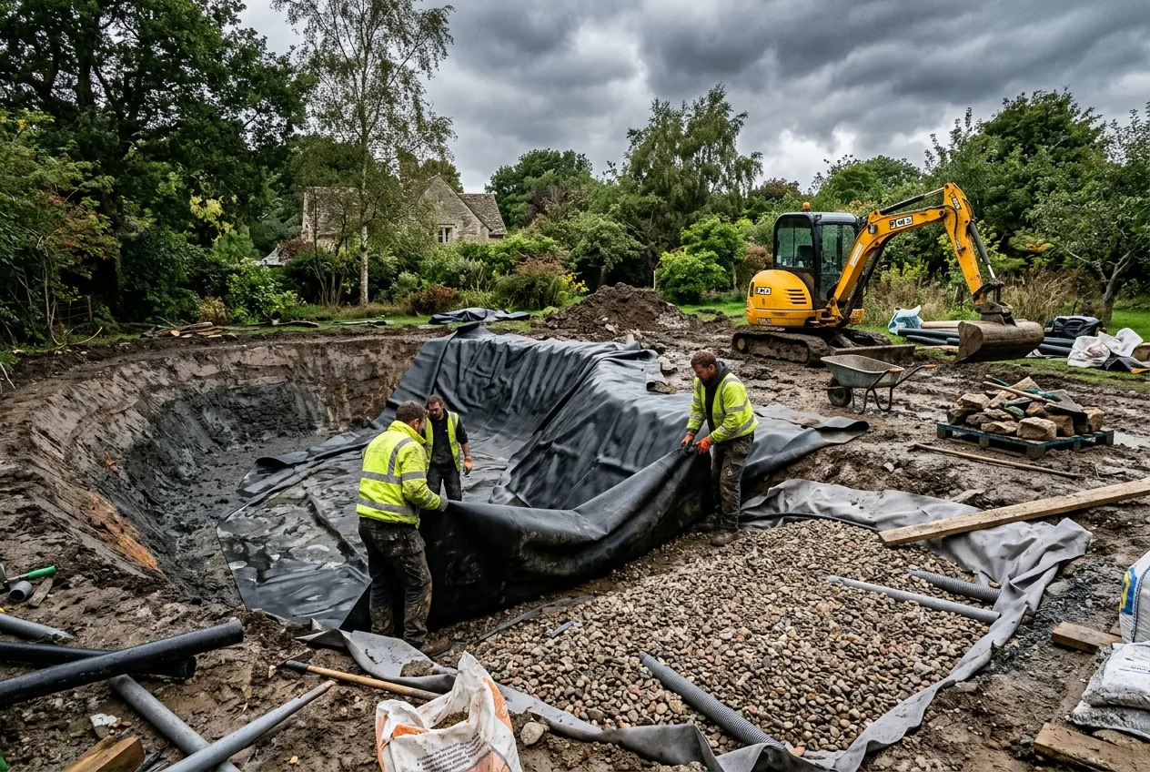 Natural swimming pond construction showing workers laying EPDM rubber liner with gravel filtration bed and digger in a UK garden