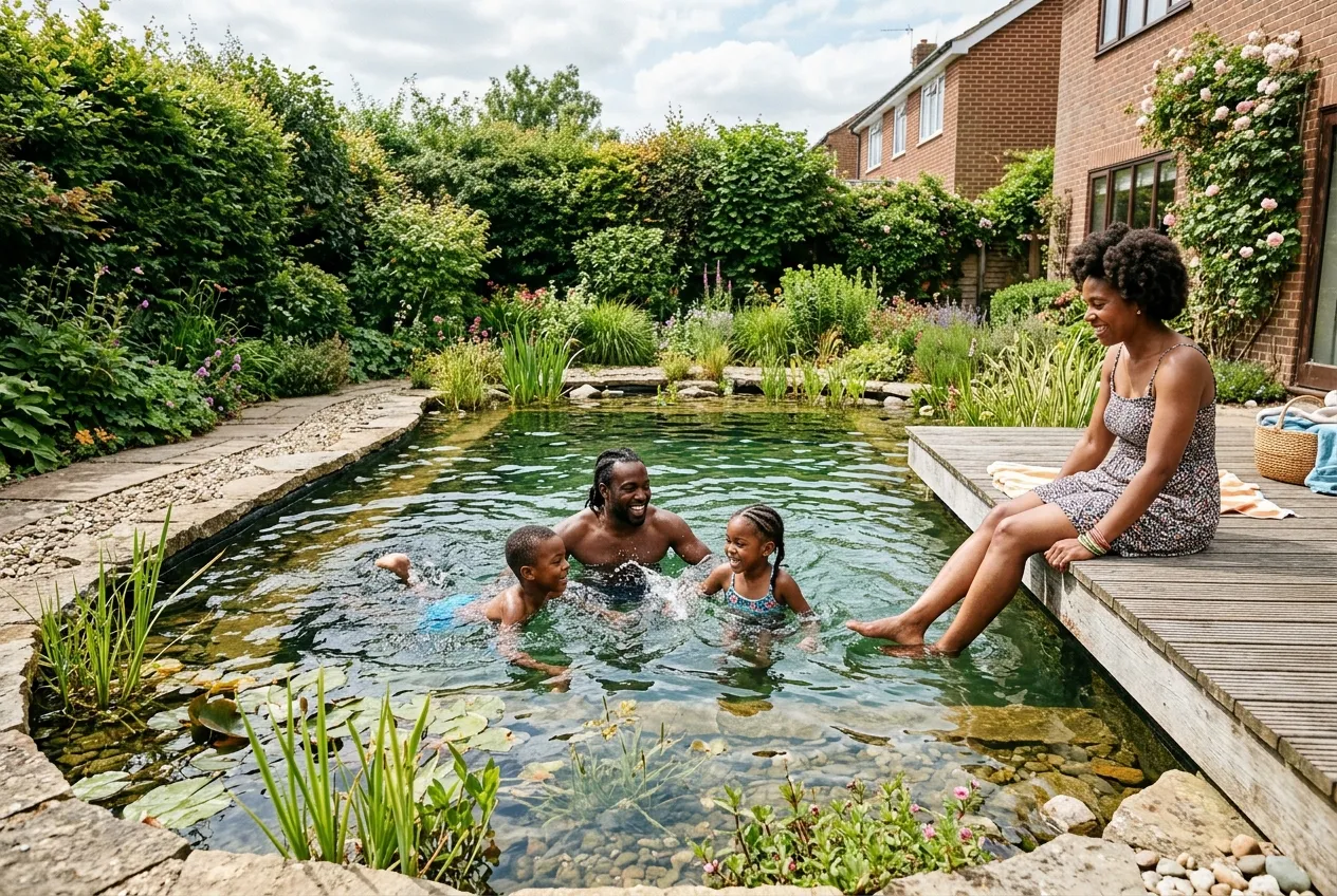 Family enjoying a natural swimming pond in a suburban UK garden on a warm summer day with wooden decking and native planting