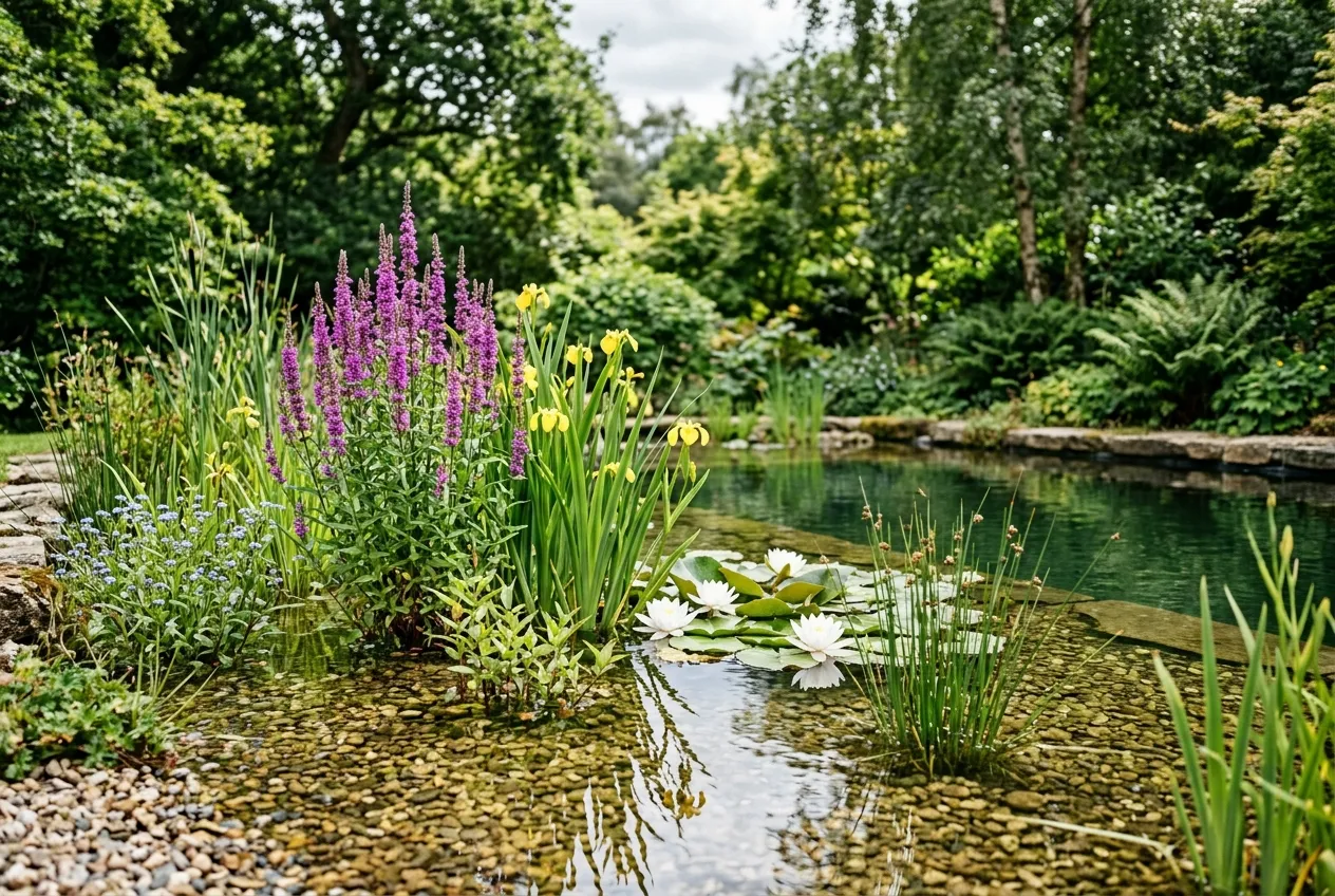 Natural swimming pond regeneration zone with water lilies, purple loosestrife, and yellow flag iris filtering clear water