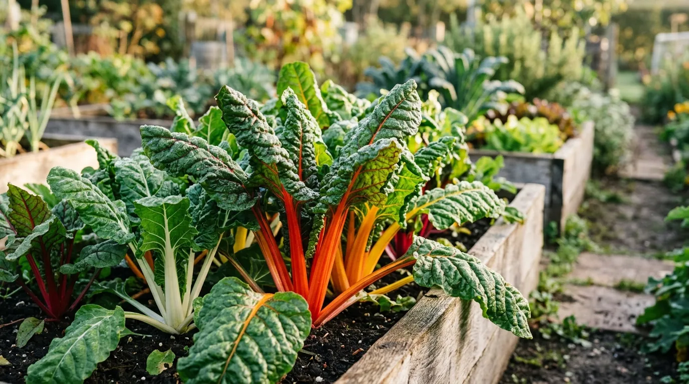 Swiss chard with colourful rainbow stems growing in a UK raised bed vegetable garden