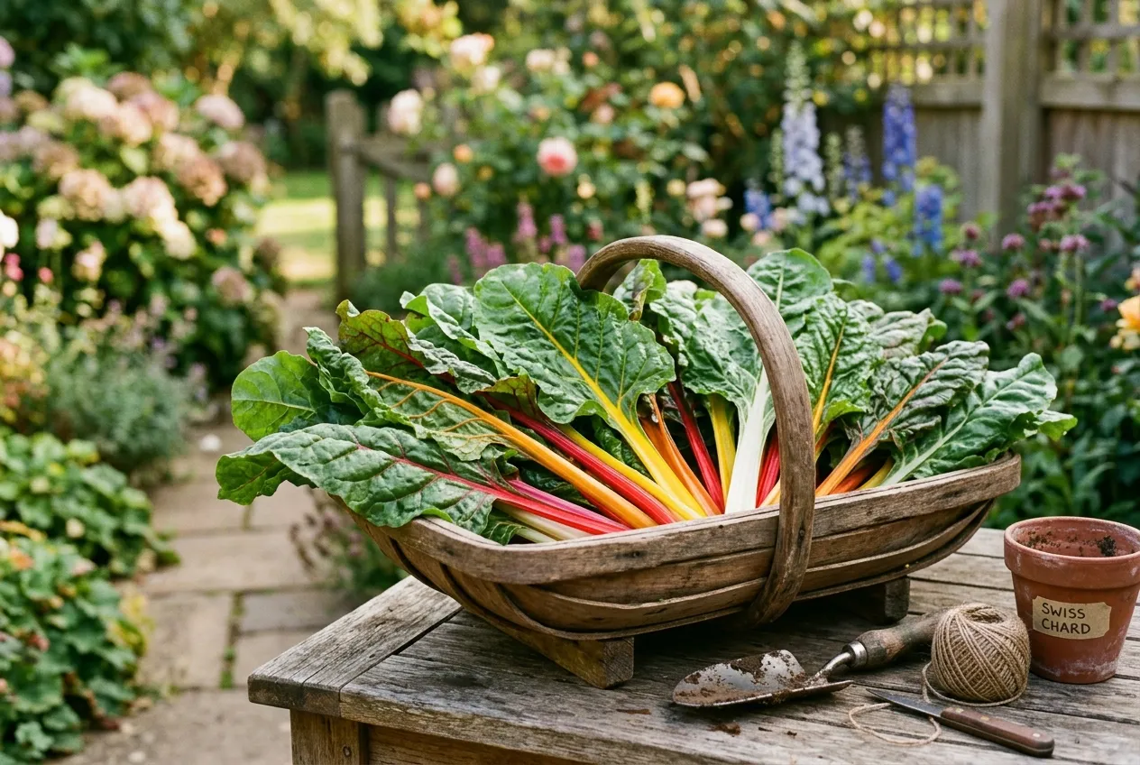Freshly harvested Swiss chard with colourful rainbow stems in a wooden trug in a UK cottage garden