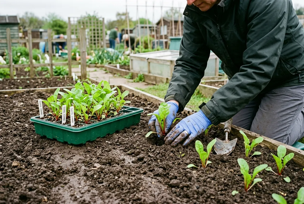Swiss chard seedlings being transplanted into a UK allotment vegetable bed