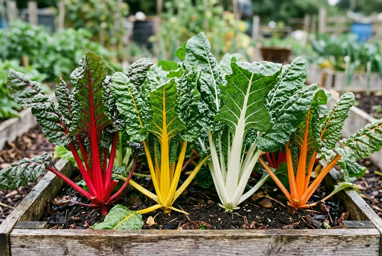 Swiss chard varieties showing red yellow white and orange stems growing side by side in a UK allotment raised bed