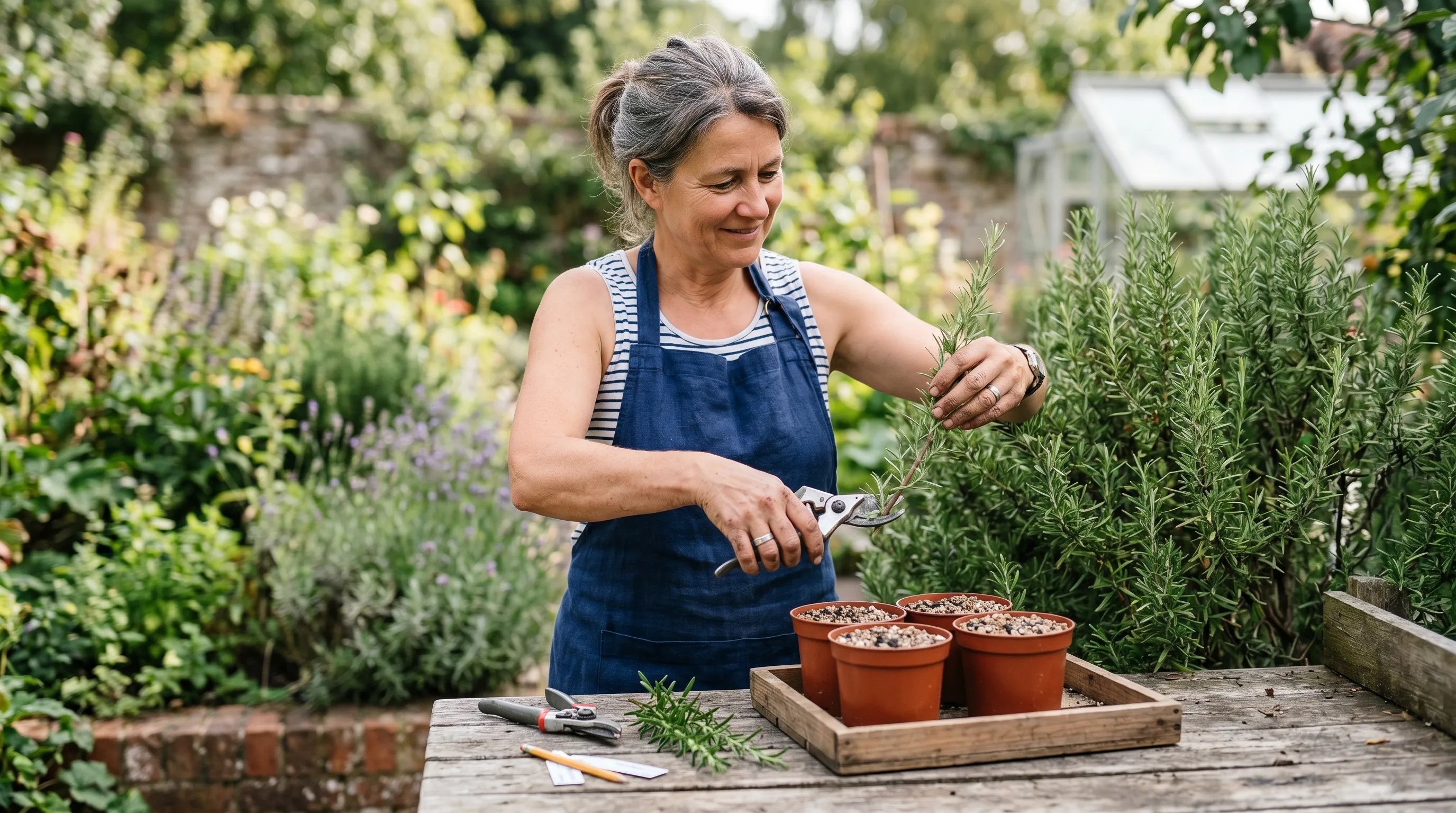 A UK gardener taking semi-ripe rosemary cuttings with sharp secateurs in late summer, with prepared 9cm pots of grit and compost mix ready beside
