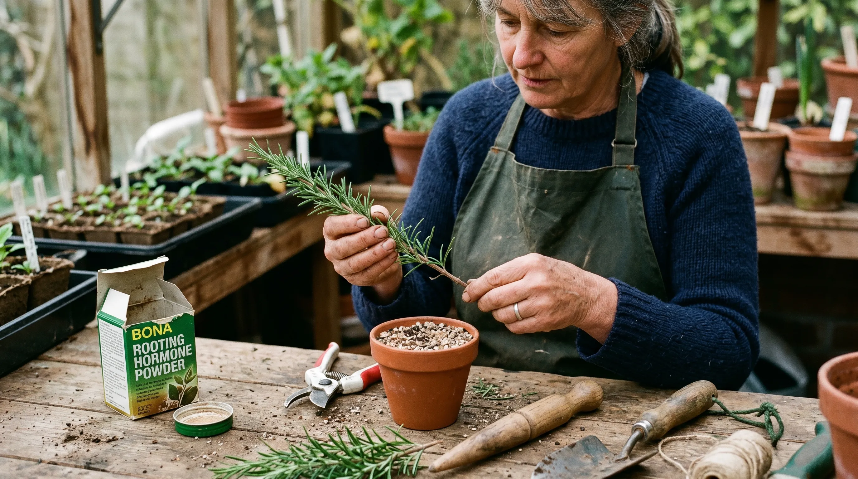 A close-up of a UK gardener preparing a rosemary cutting on a workbench: stripping lower leaves from a 120mm semi-ripe shoot, with a pot of grit-compost mix and a packet of rooting hormone visible