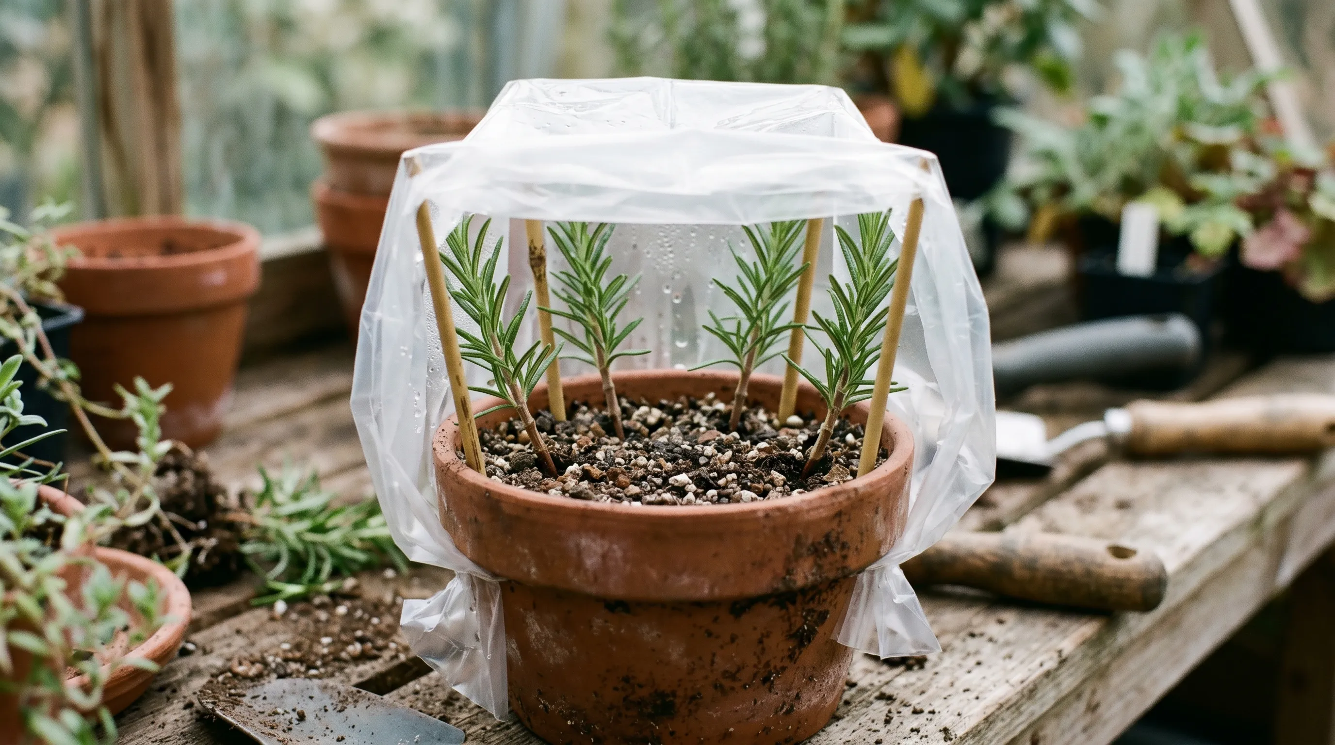 A 9cm pot filled with rooting compost containing four rosemary cuttings inserted around the edge, with the pot covered by a clear plastic bag held up by four short bamboo canes