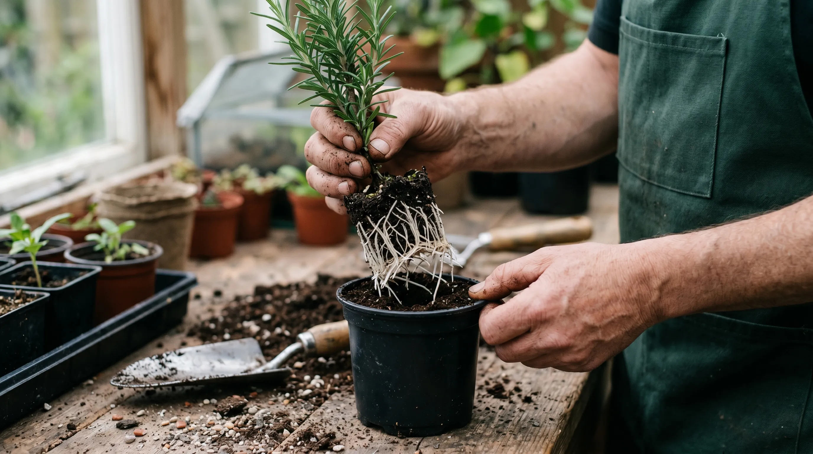 A rooted rosemary cutting being potted on into a 9cm individual pot, with visible white roots 25-30mm long extending from the base of the cutting, ready for individual growing on