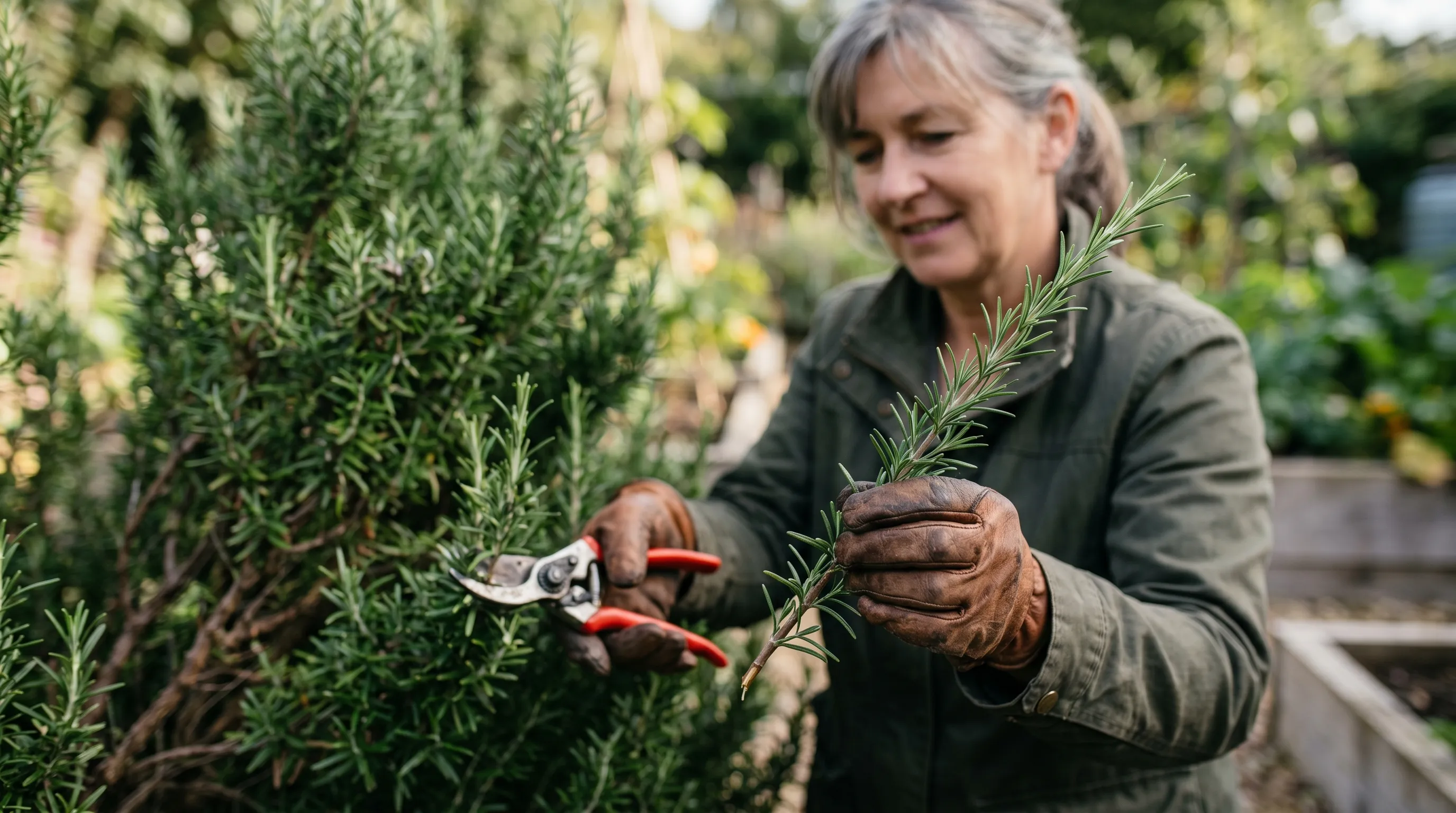 A close-up of a UK gardener taking a 130mm semi-ripe rosemary cutting with sharp secateurs from a healthy parent plant in late August, with the parent plant visible in the background and the cutting held in the foreground