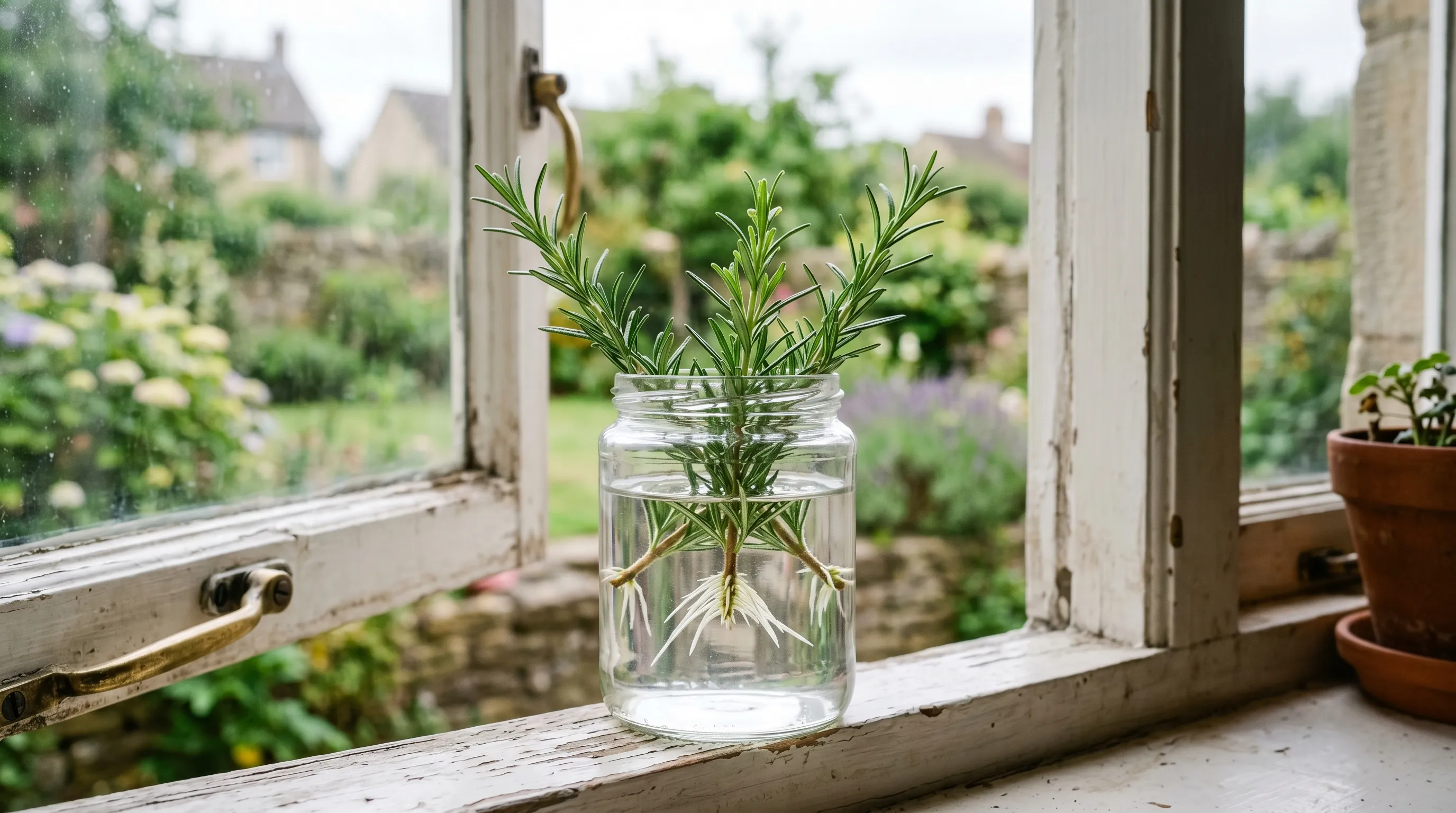 A clear glass on a UK windowsill holding three rosemary cuttings in water with visible white roots forming at the cut ends, with one cutting showing fresh new green growth at the tip
