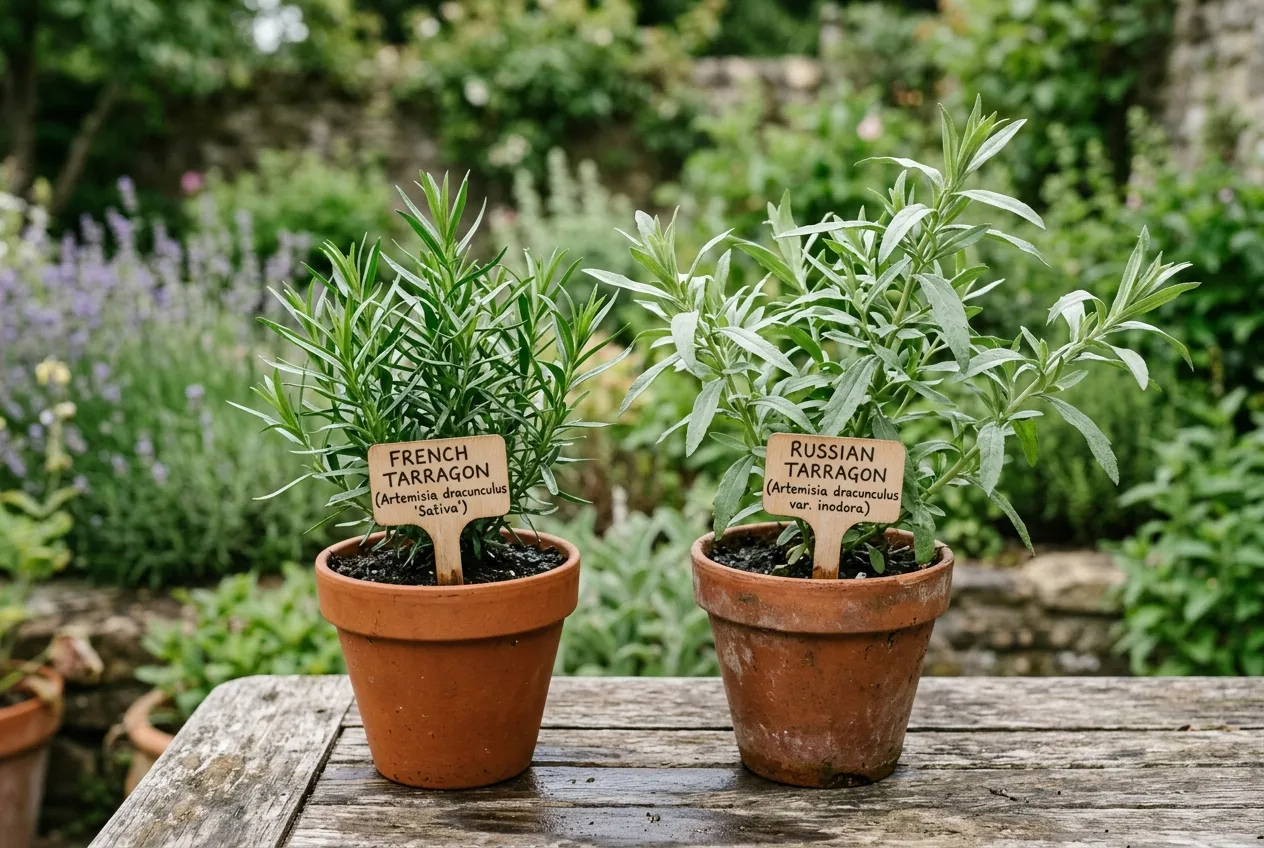 French and Russian tarragon growing side by side in terracotta pots showing clear leaf differences