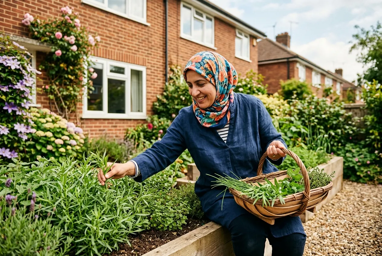 Woman harvesting fresh tarragon and herbs from a raised bed in a UK suburban garden