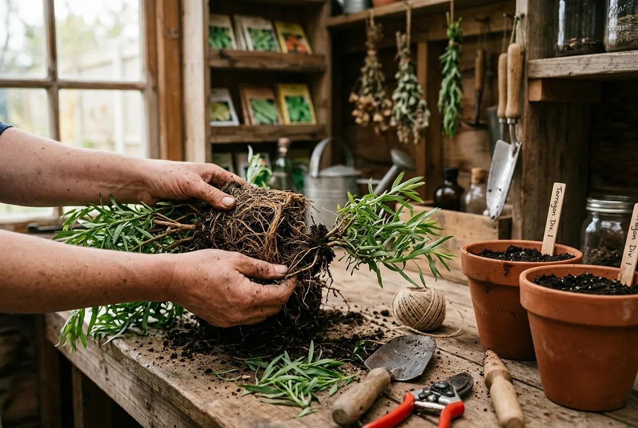 Hands dividing a tarragon root ball on a potting bench for propagation