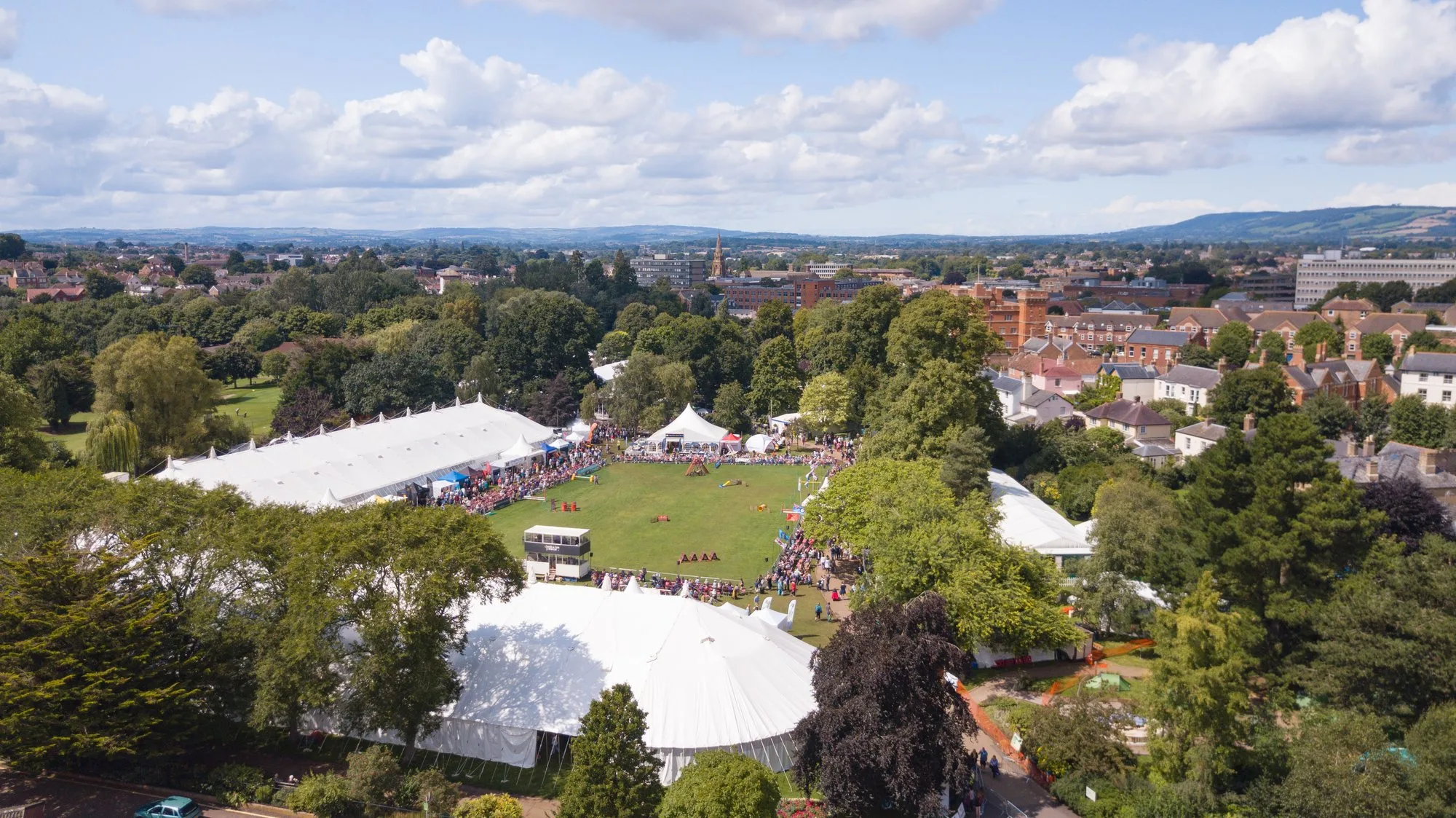 Aerial view of the Taunton Flower Show marquees set in Vivary Park, Taunton