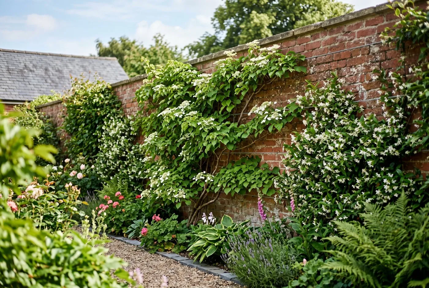 Climbers softening a high red-brick boundary wall in a UK town garden
