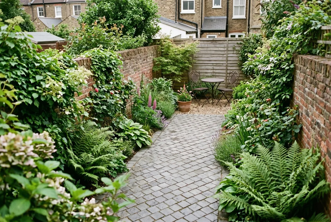 Diagonal paving in a small UK garden drawing the eye across the width