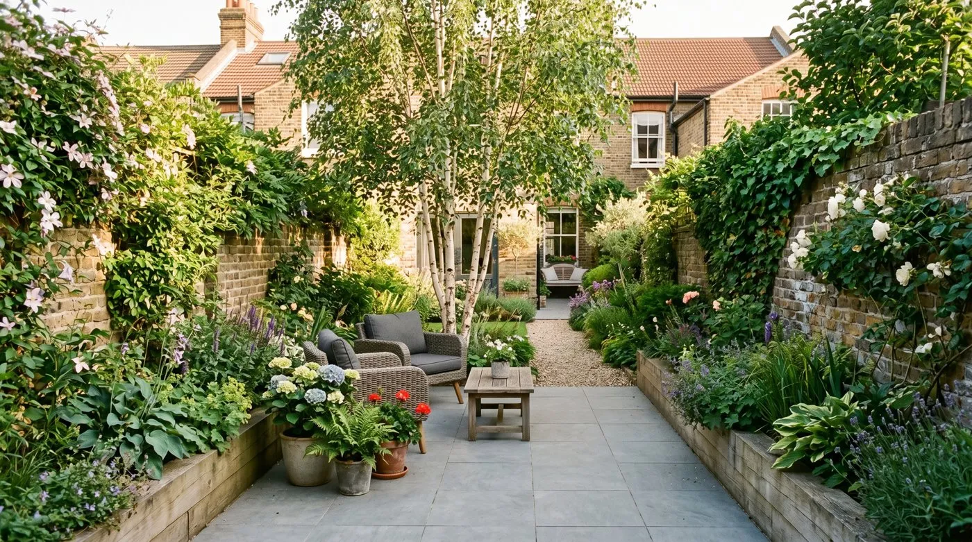 A narrow walled Victorian terraced-house back garden in the UK with brick boundary walls, climbers and a small zoned seating area
