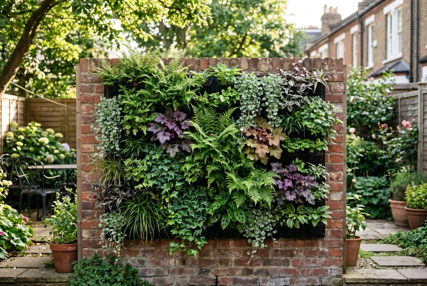 A green living wall on a brick boundary wall in a UK city back garden