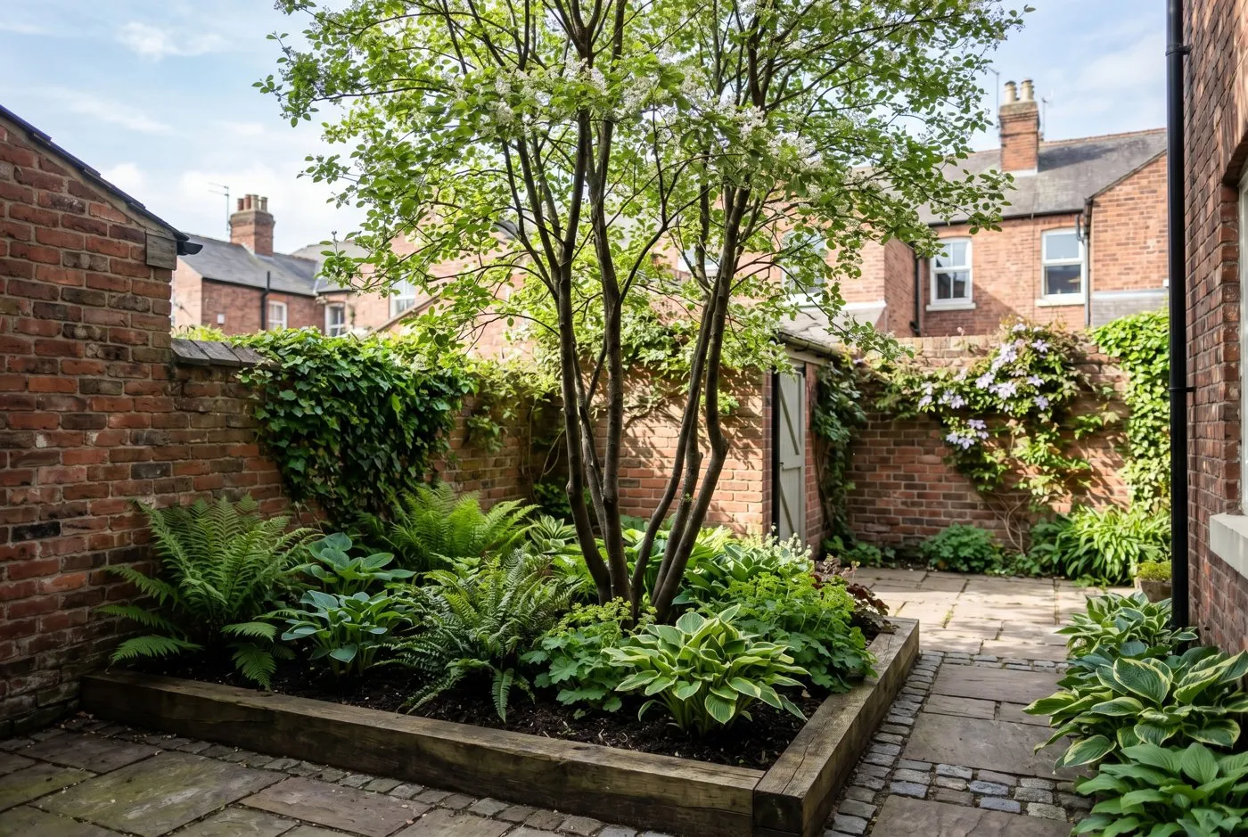 A multi-stem tree in a small paved UK urban back yard surrounded by brick walls