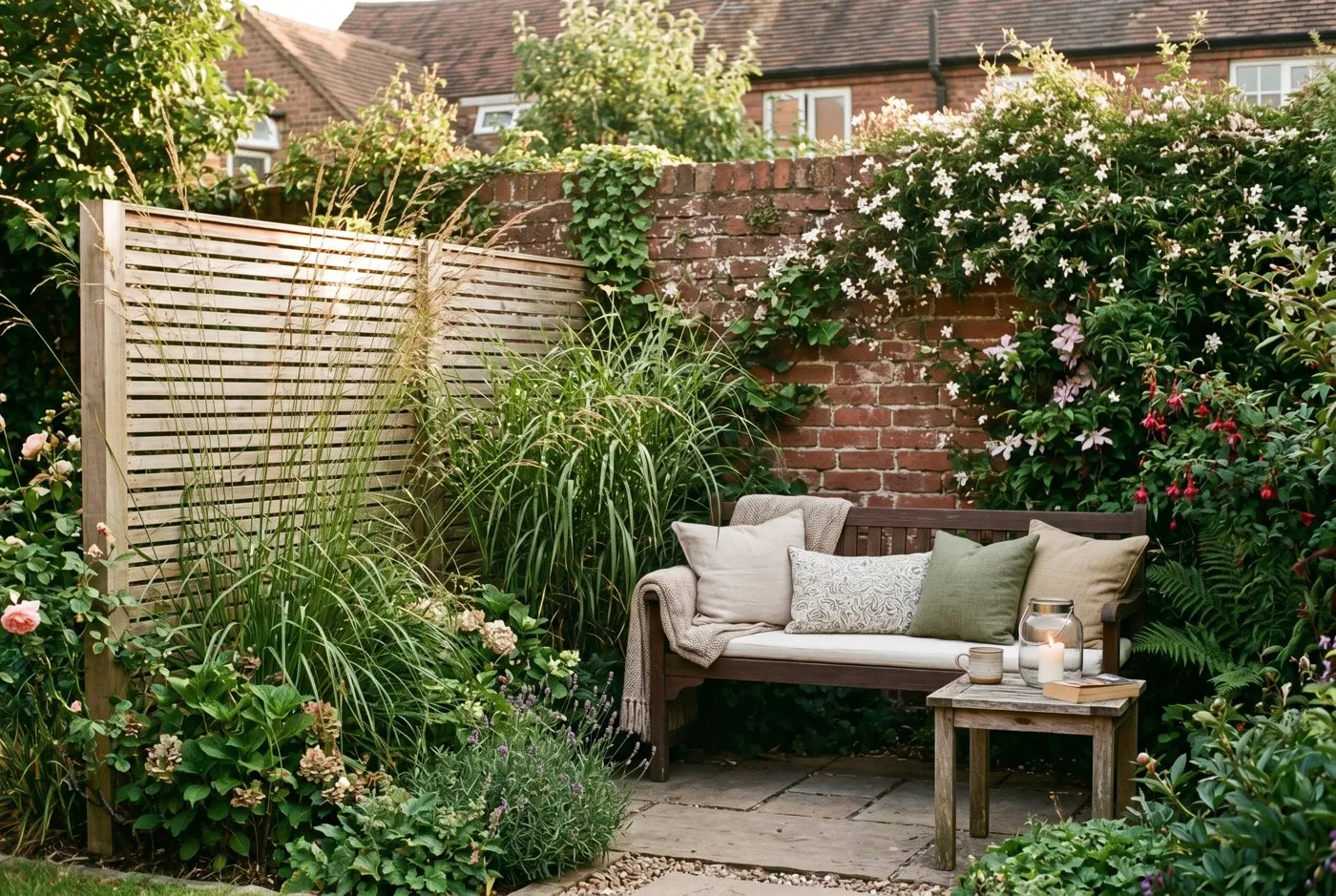 A private screened seating corner in a small UK walled town garden