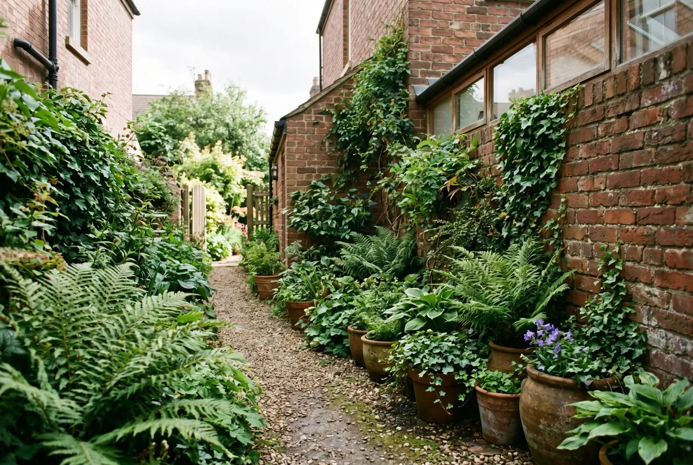 A narrow side-return passage beside a UK Victorian terraced house planted up with ferns and pots