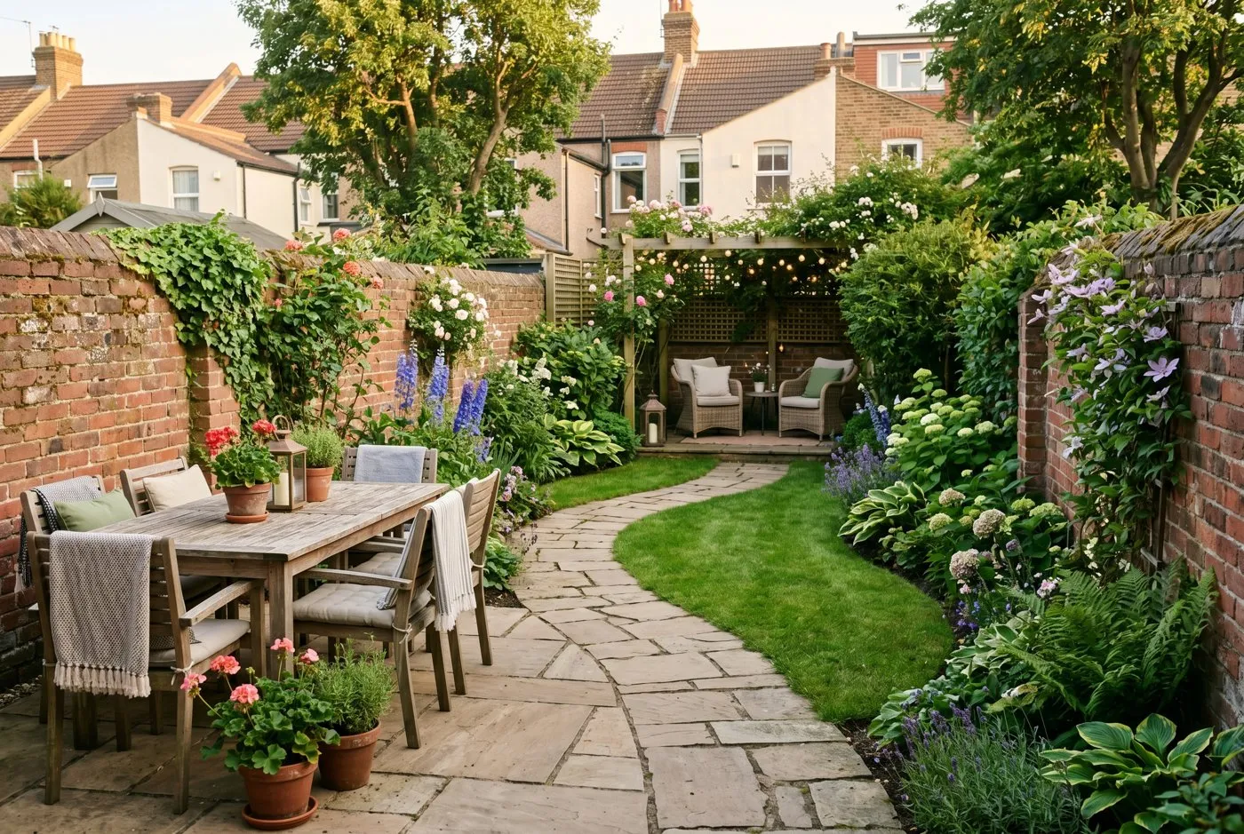 A narrow walled UK terraced back garden with brick boundary walls and a small zoned seating area