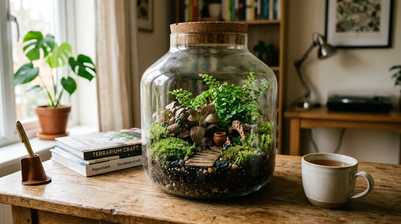 Glass terrarium with tropical fittonia ferns and moss on a wooden desk in natural light