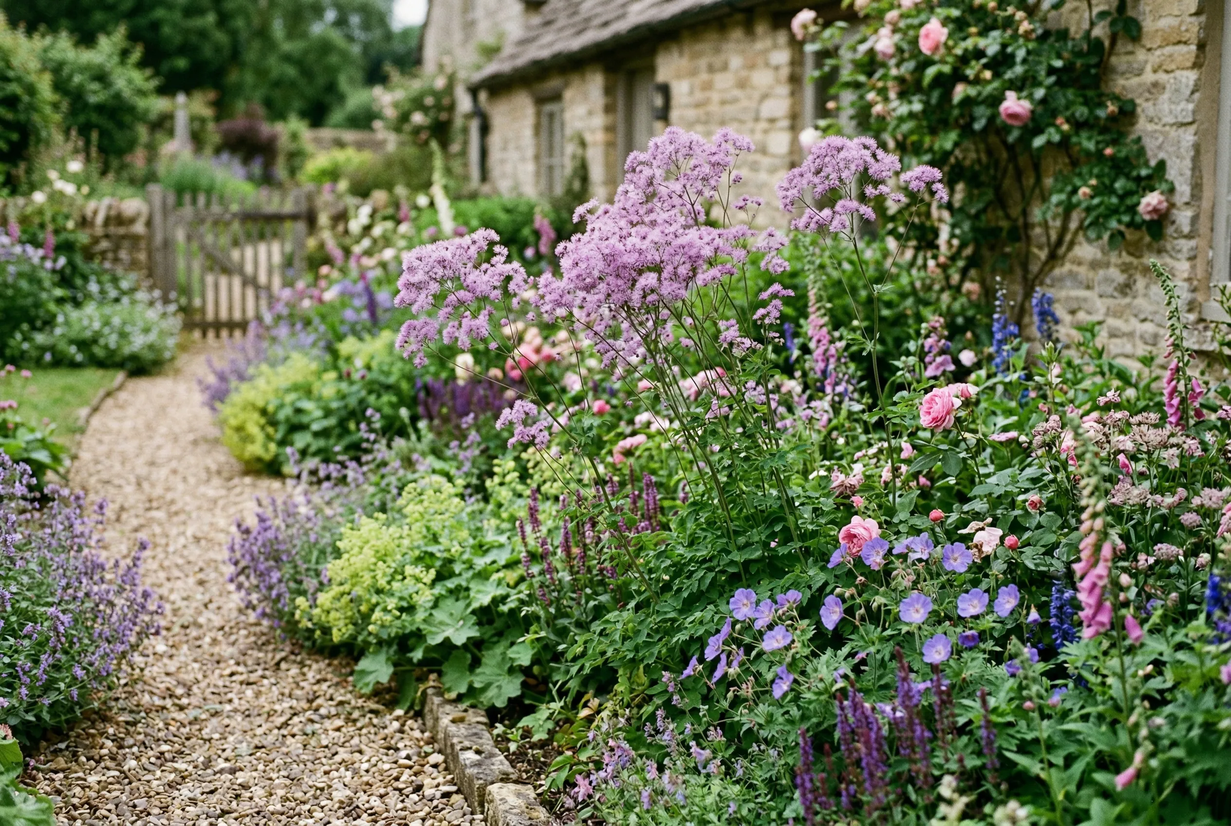 Thalictrum growing in a UK cottage garden border with purple flowers rising above roses and hardy geraniums along a gravel path