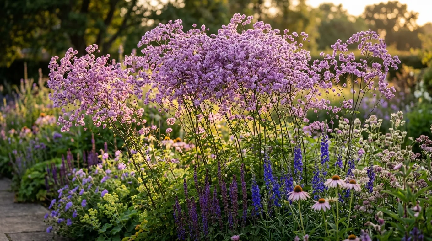 Thalictrum delavayi Hewitts Double flowering in a UK herbaceous border at golden hour with purple-mauve blooms on tall stems