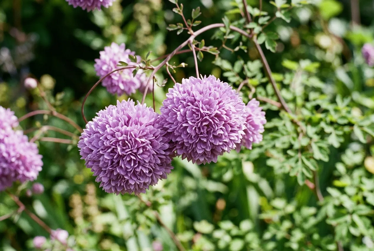 Thalictrum delavayi Hewitts Double with tight clusters of double lilac-purple pompom flowers on wiry stems in a UK garden