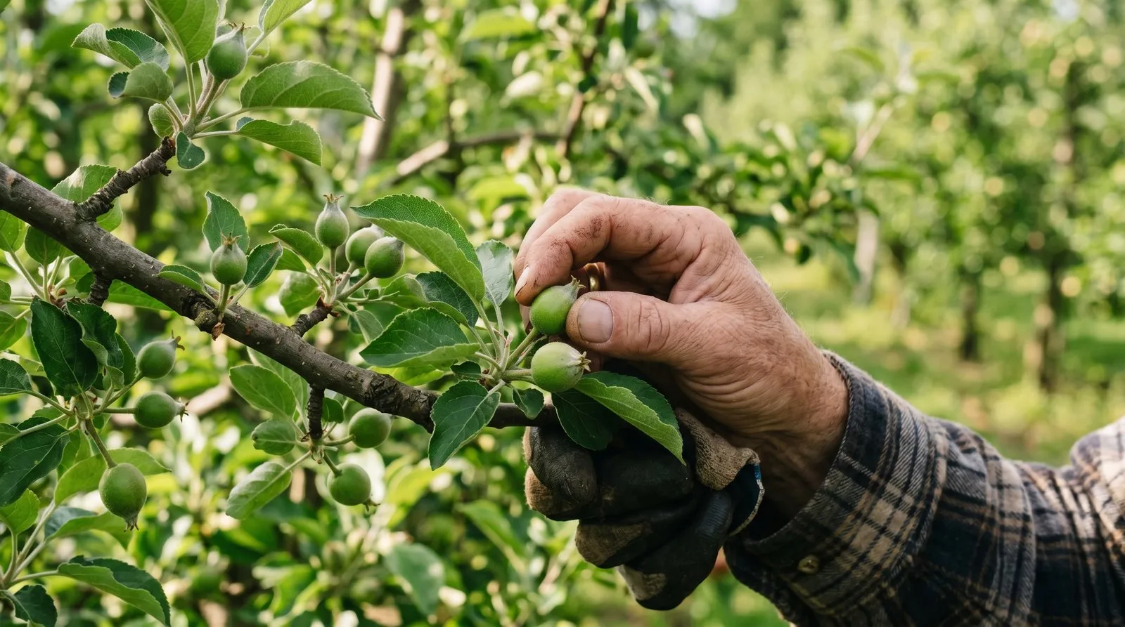 Close-up of a hand thinning small green apple fruitlets on a branch in June, spacing the remaining apples evenly