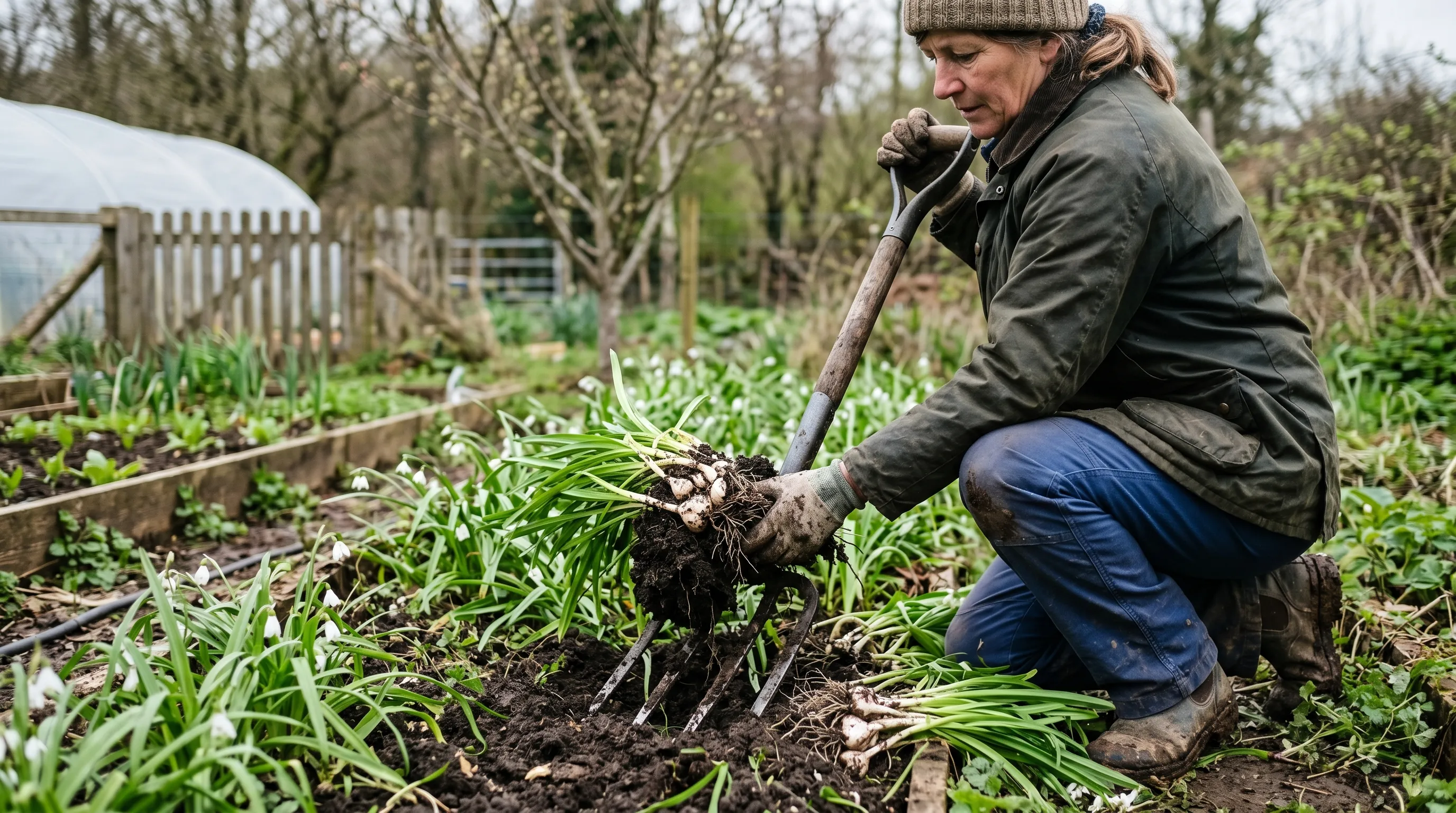 A UK gardener forking up a row of three-cornered garlic plants in late March, with the long-tined fork penetrating 150mm into the soil and bulbs visible in the lifted clumps