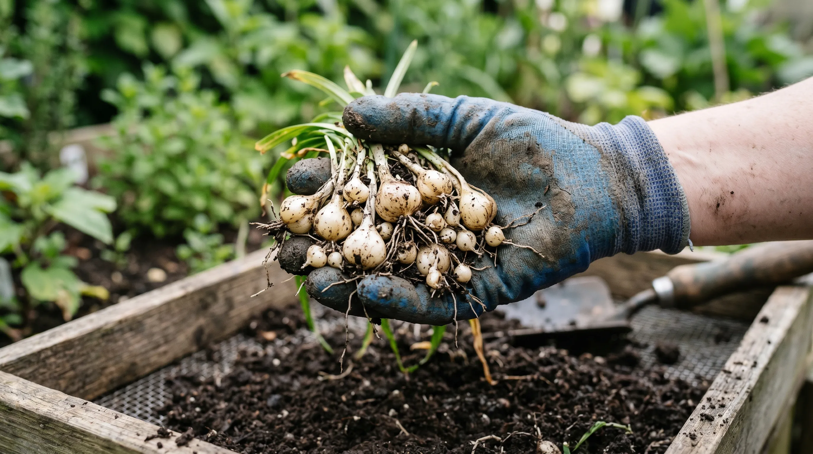 A close-up of a UK gardener's gloved hand holding a cluster of three-cornered garlic bulbs and bulbils freshly sifted from a tray of soil, with the smaller daughter bulbils visible around the parent