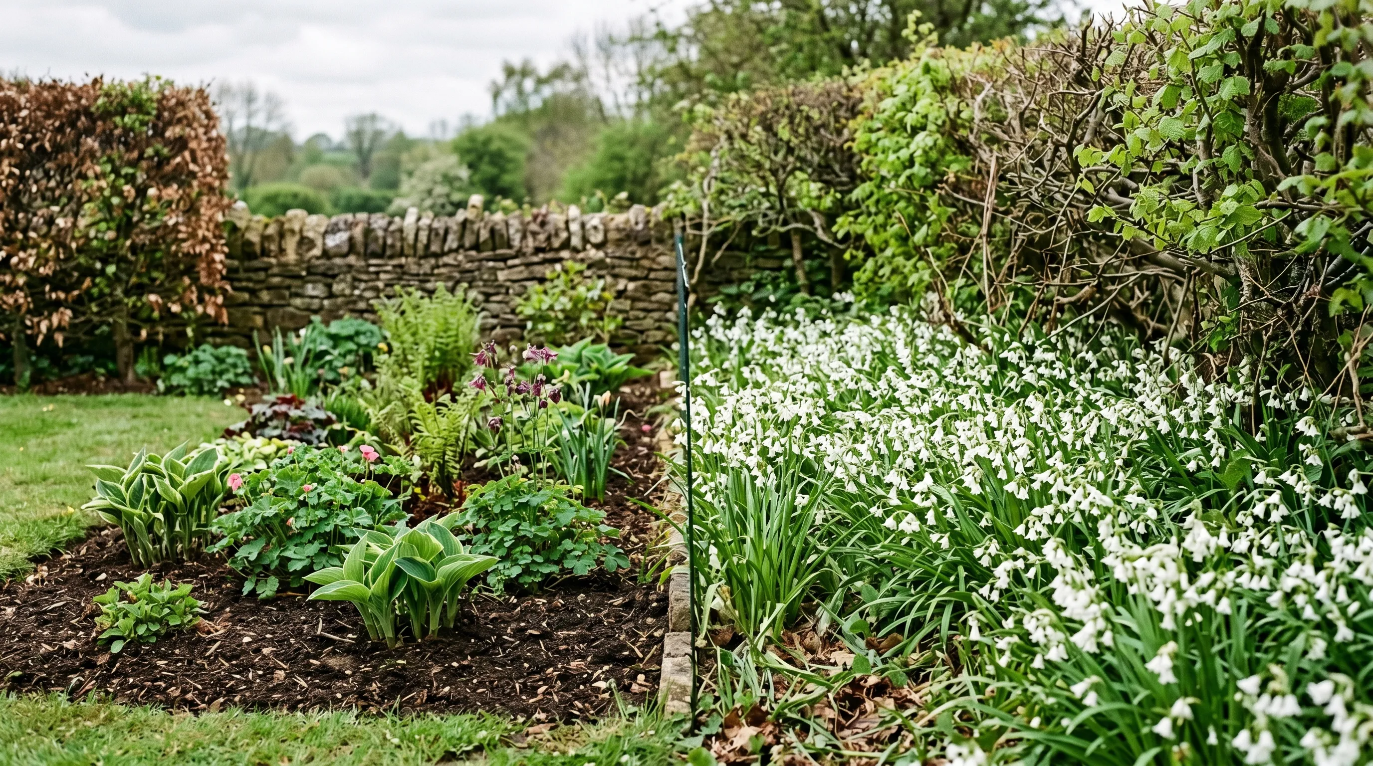 A diagnostic comparison of two UK boundary borders, the left fully cleared of three-cornered garlic with healthy ornamentals, the right unmanaged with dense white-flowered three-cornered garlic dominating in late April