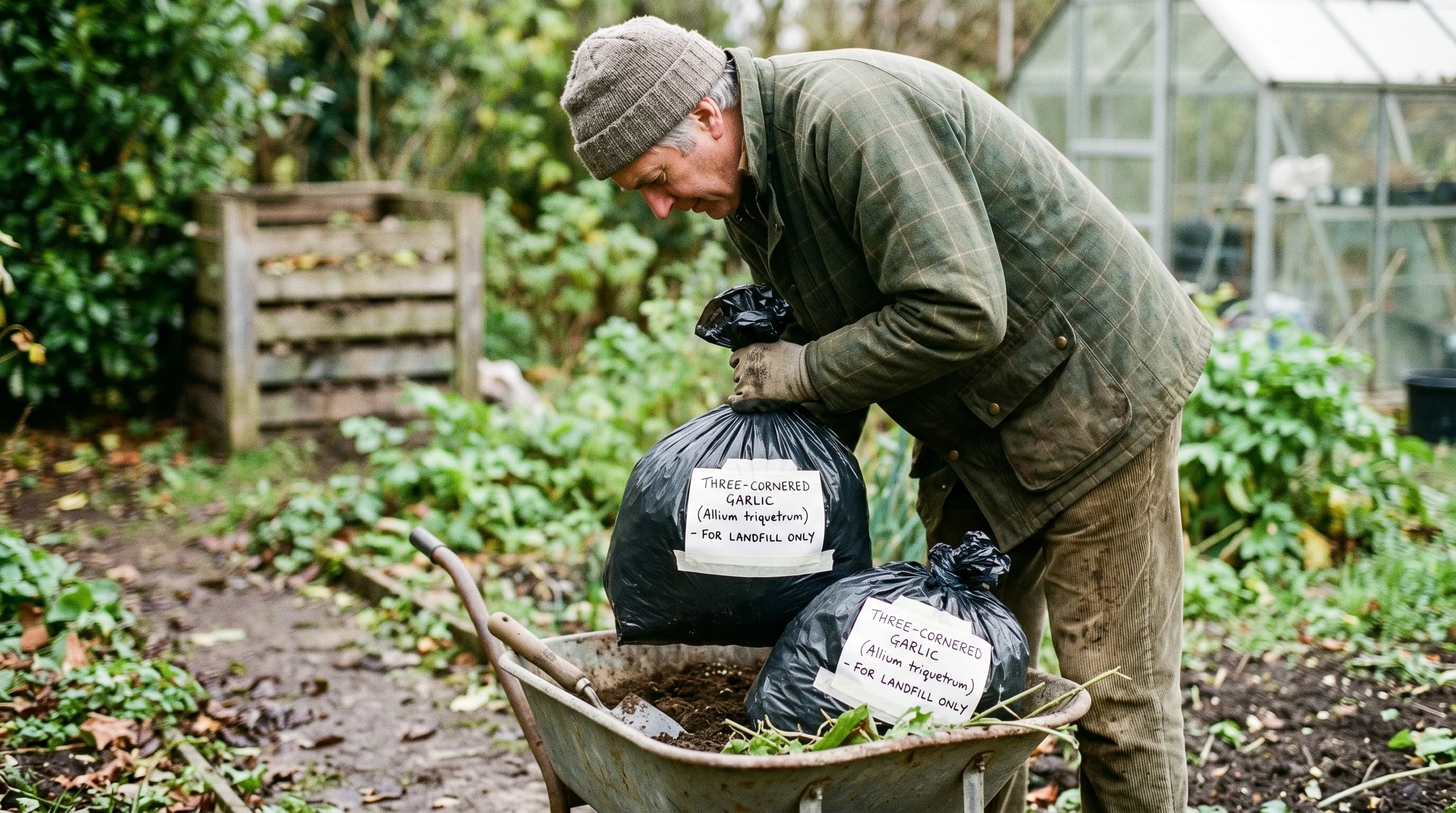 A UK gardener placing sealed black plastic bags of pulled three-cornered garlic bulbs into a garden wheelbarrow ready for household landfill disposal, with the bags clearly labelled