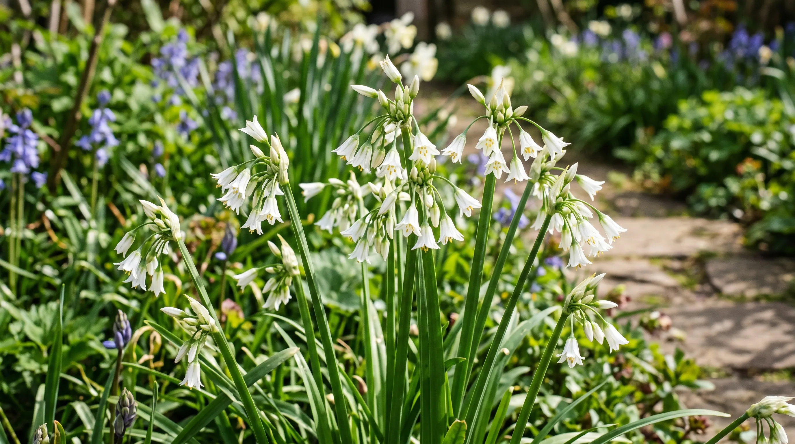 A UK garden border in April showing white drooping bell flowers of three-cornered garlic (Allium triquetrum) with the triangular green stems clearly visible