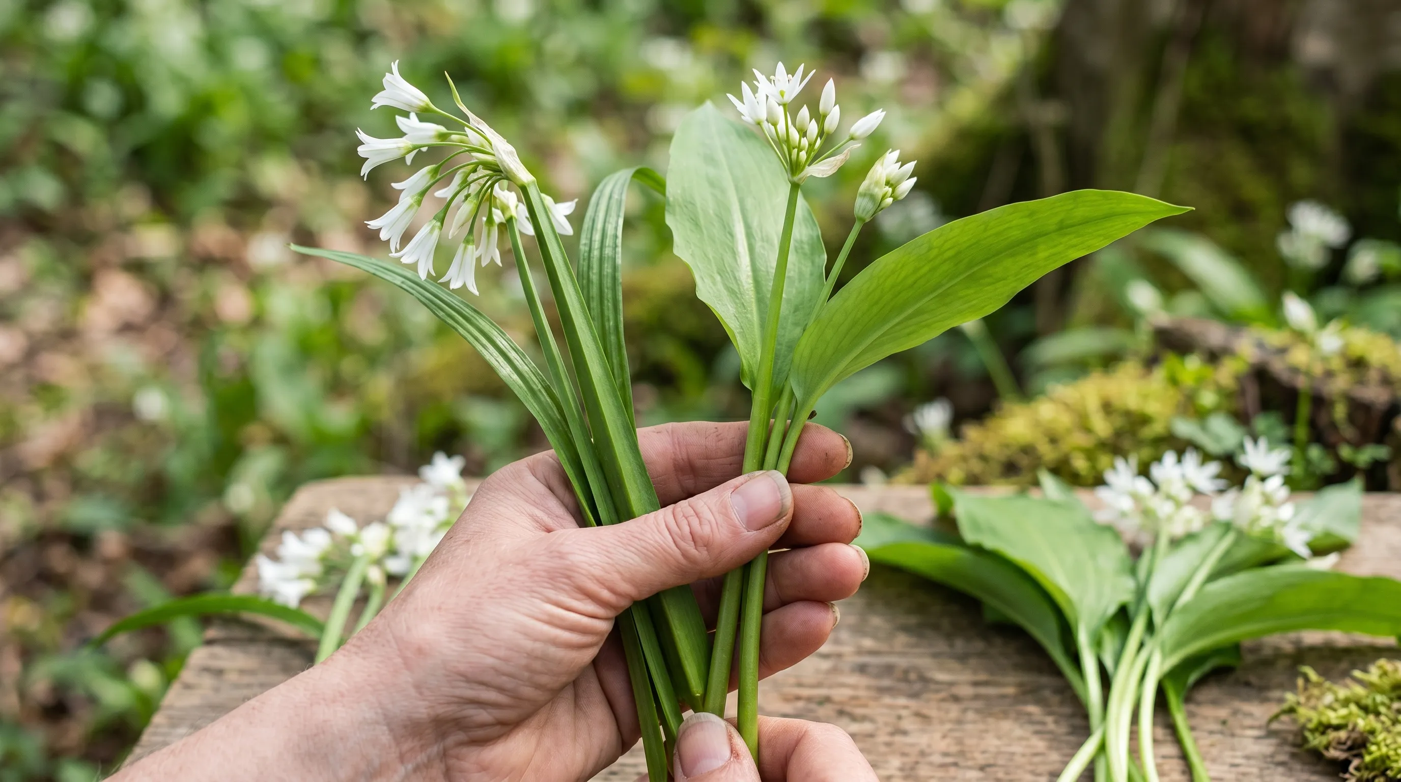 A diagnostic close-up showing a hand holding the triangular stem of three-cornered garlic alongside the round stem and broad leaves of wild garlic for comparison