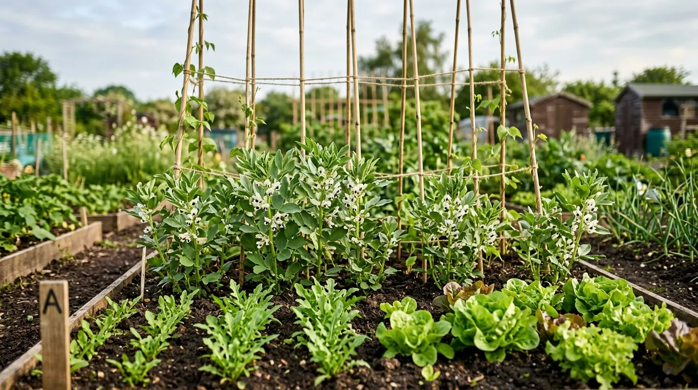 Bed A on a Staffordshire UK allotment planted with broad beans, runner beans on a wigwam and lettuce in spring