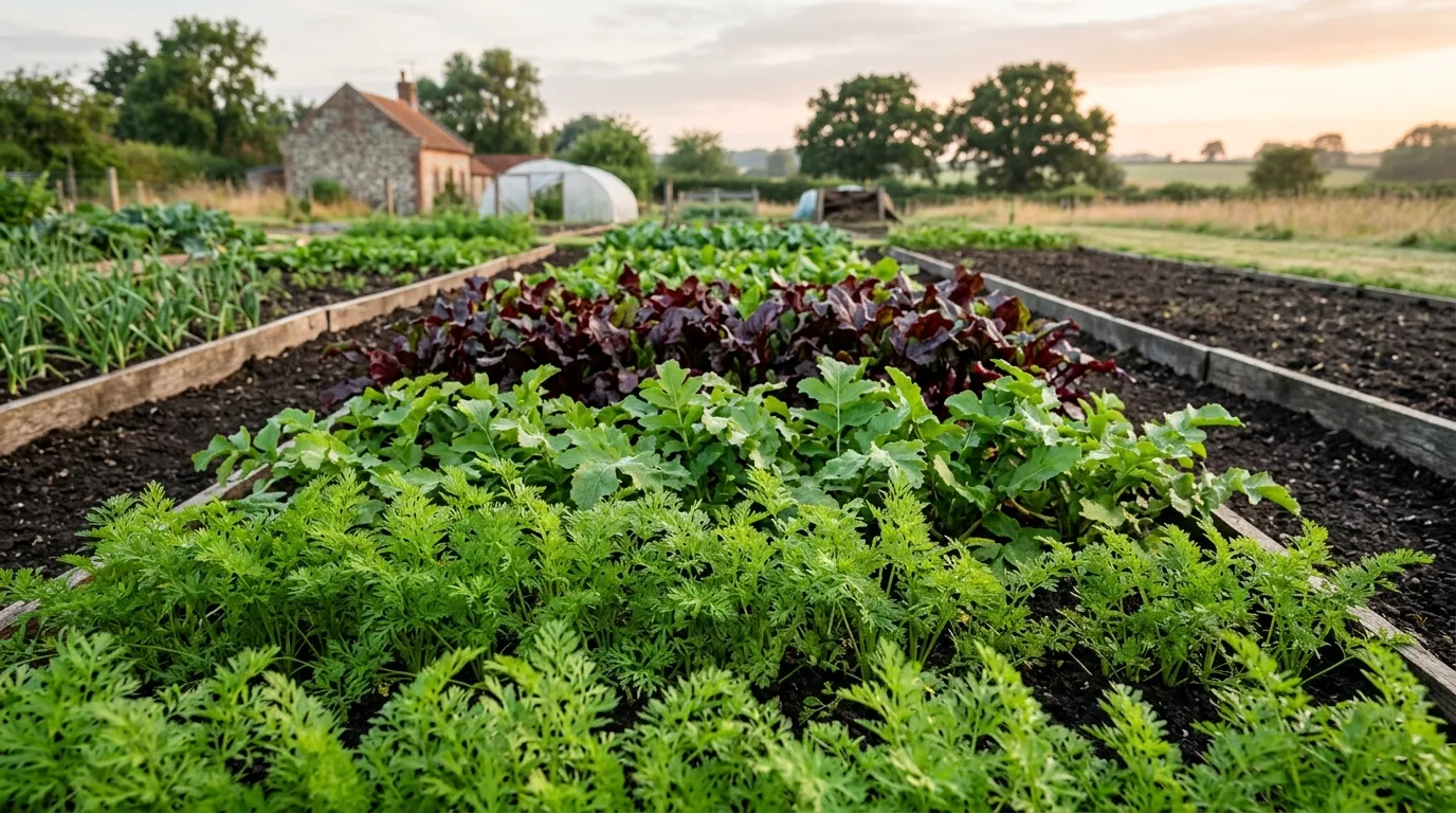 Lincolnshire kitchen garden bed planted with carrots parsnips and beetroot in long rows for crop rotation