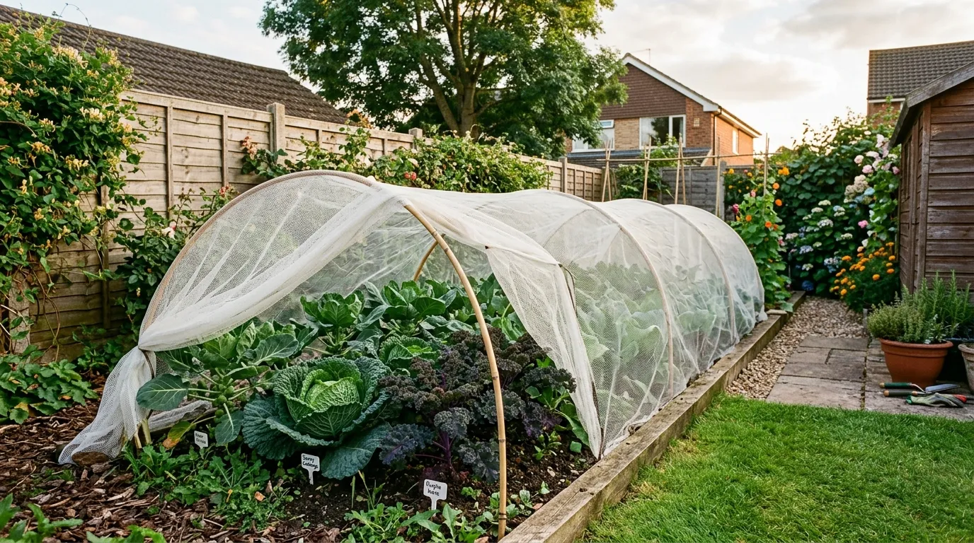 Netted brassica bed with cabbages and purple kale in a suburban Leicester garden for crop rotation