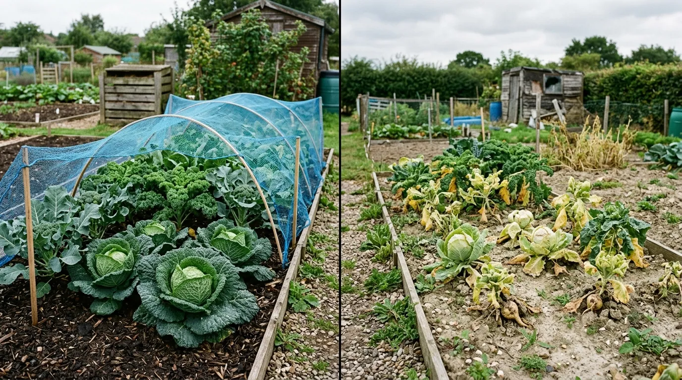 Side-by-side comparison of a healthy rotated brassica bed and an un-rotated bed with yellowing club-root infected plants