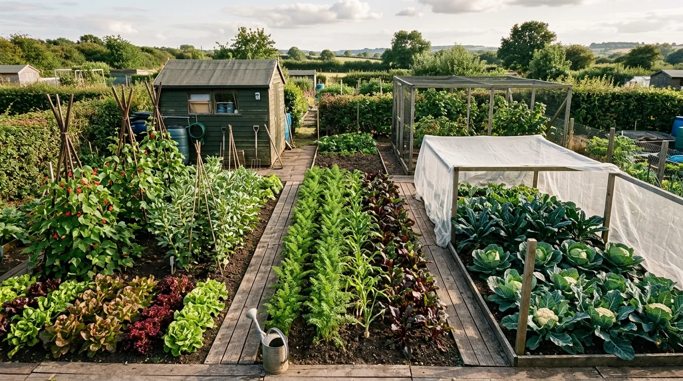 Small UK allotment with three distinct vegetable beds for a 3-year crop rotation plan in summer