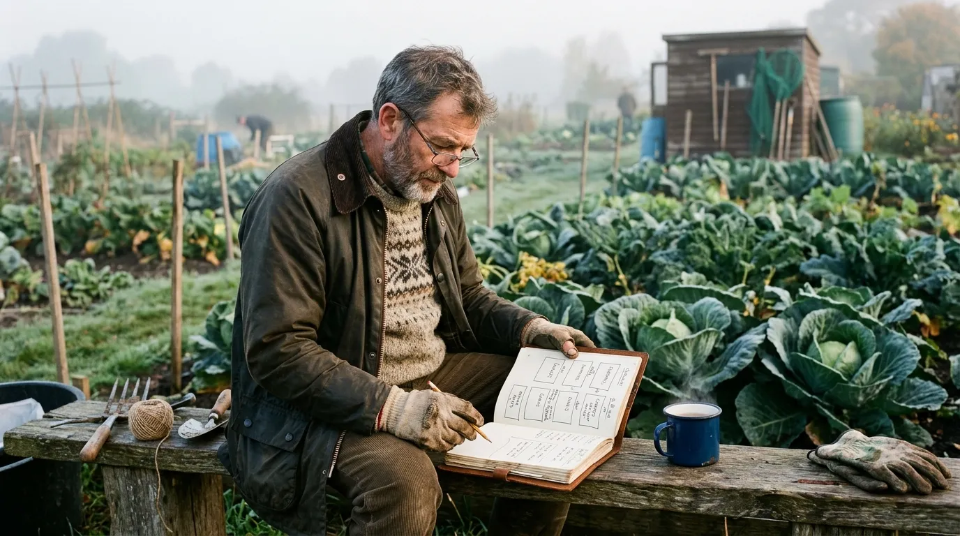 UK allotment holder reviewing a handwritten plot plan in a notebook beside the allotment plot on an autumn morning