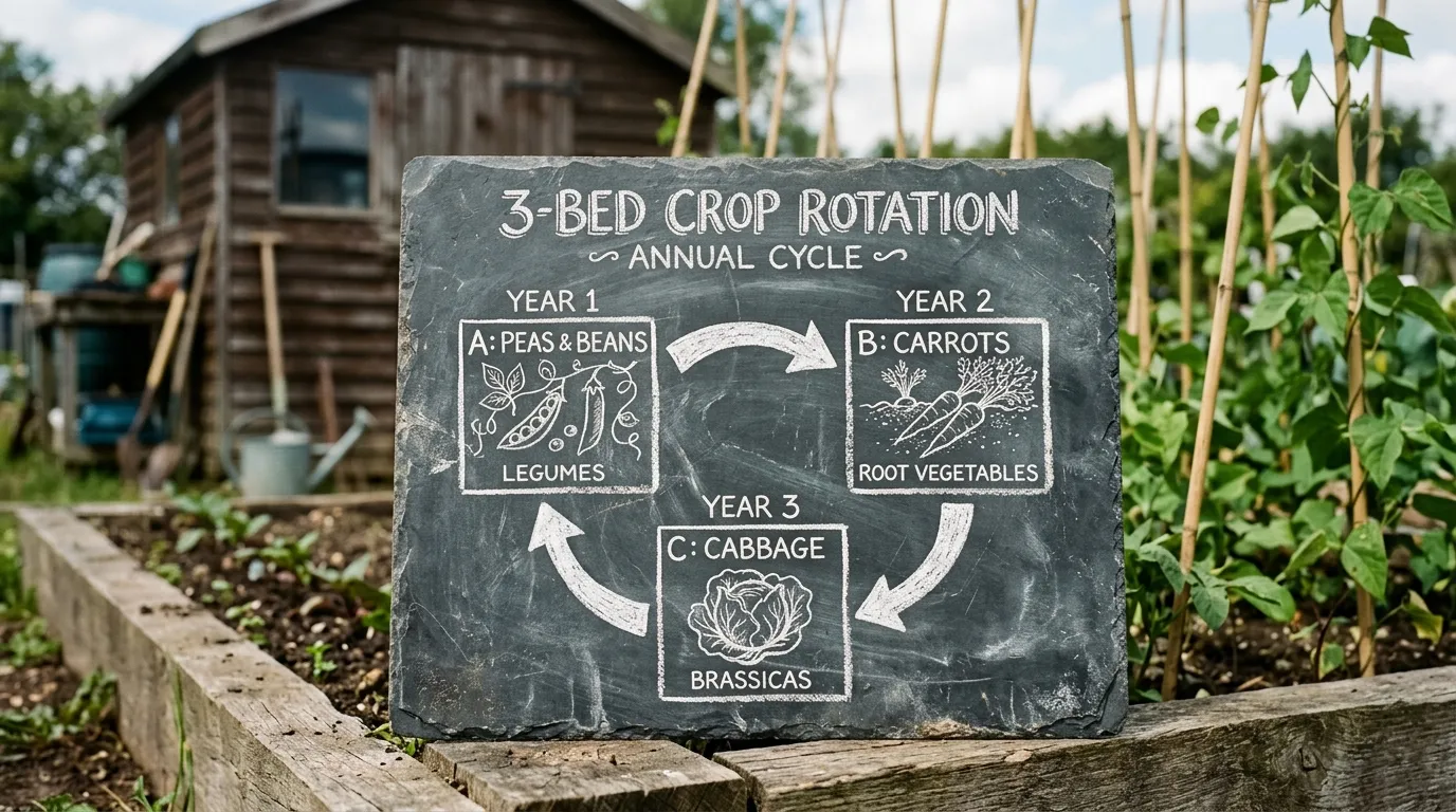 Chalkboard slate diagram showing the 3-bed crop rotation cycle with arrows for year 1 to year 2 to year 3 movement