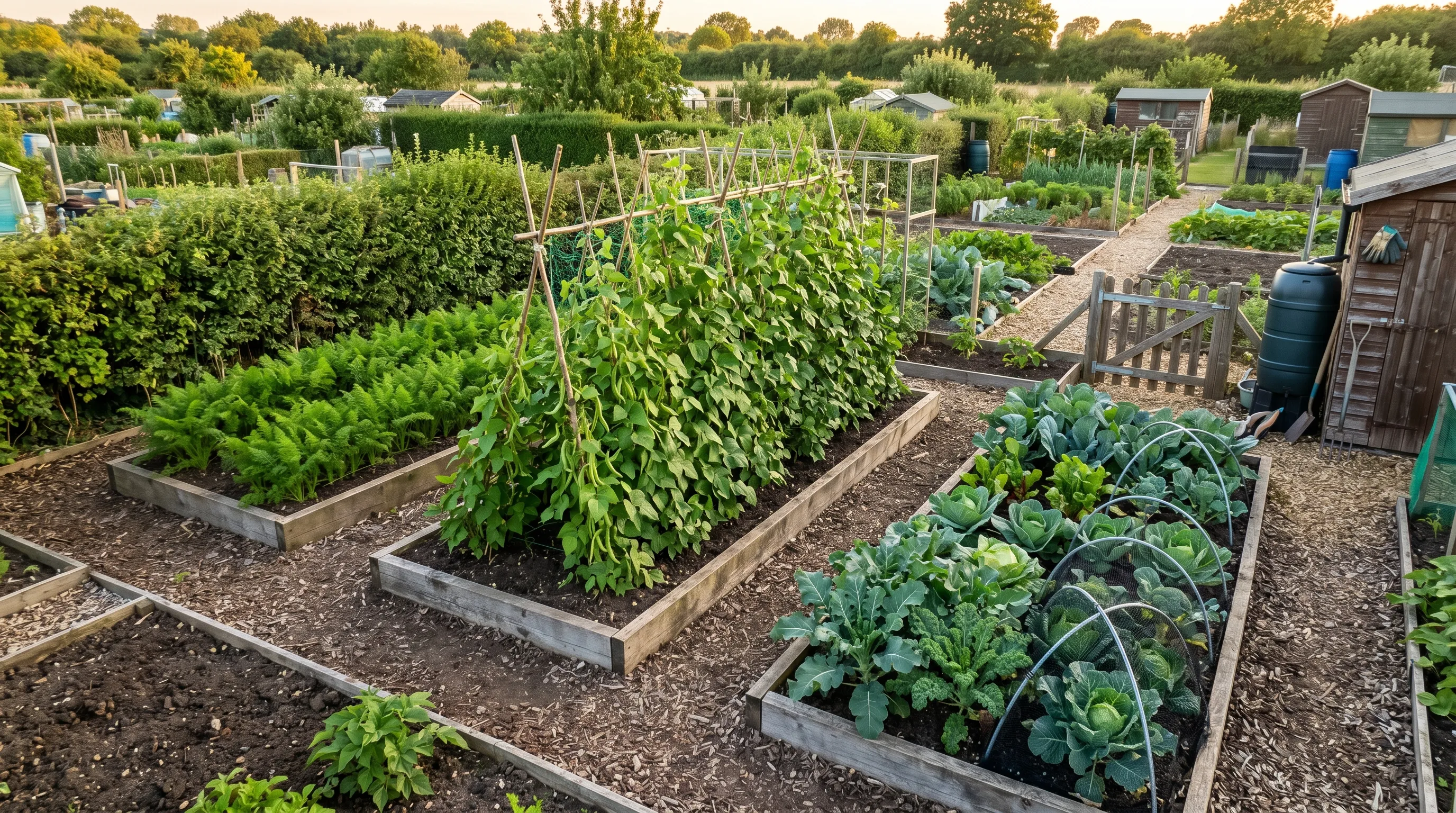 A clean UK allotment layout from above showing three equal-sized beds labelled A, B and C, with each bed clearly marked by timber edging and pathways between
