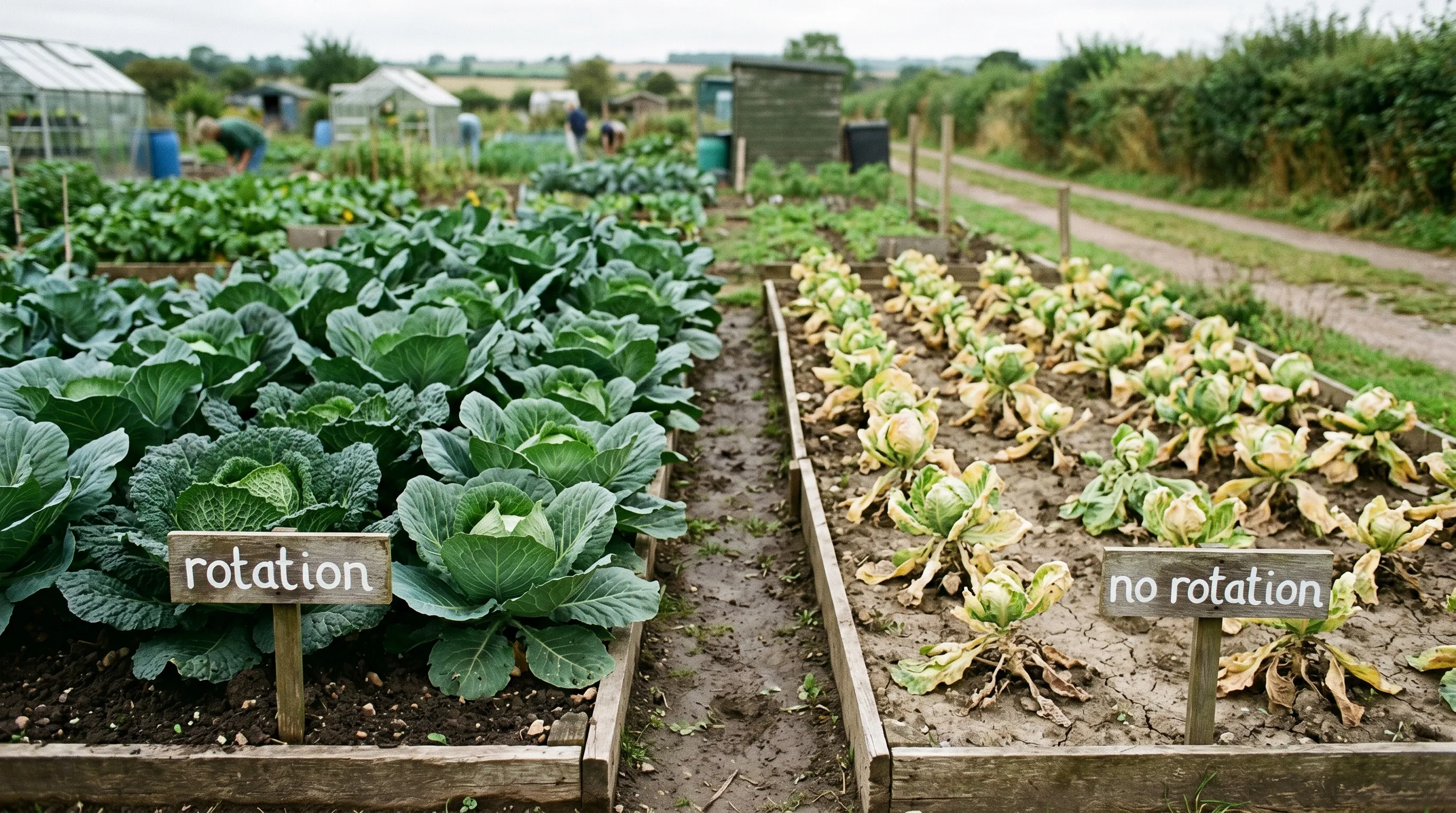 A diagnostic comparison showing two adjacent UK allotment beds: the left bed labelled "Rotation: club root incidence 8%" with healthy cabbages, the right bed labelled "No rotation: club root incidence 65%" with stunted yellow cabbages